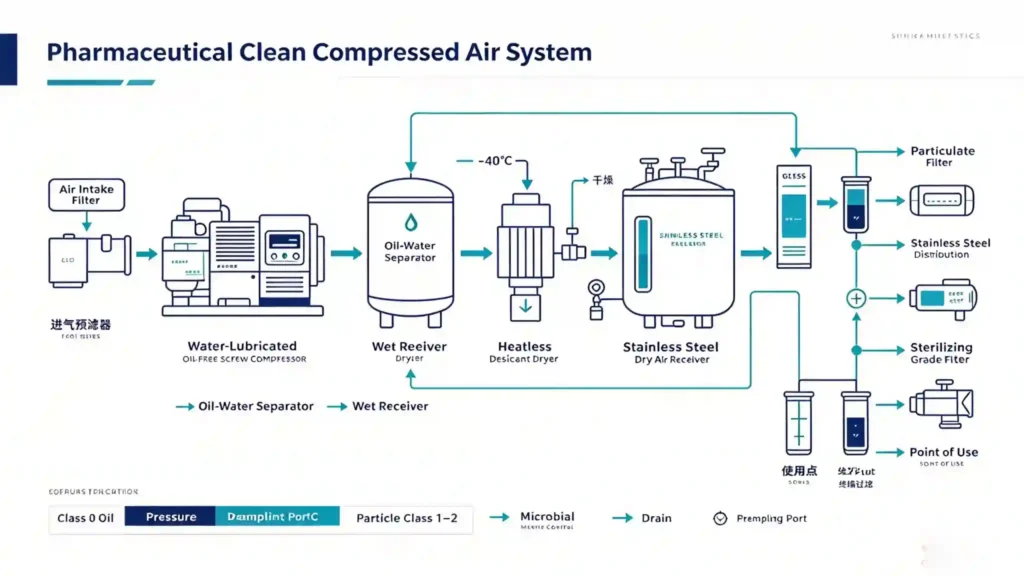 GMP compressed air system diagram from oil-free compressor to desiccant dryer, filters, stainless piping and sterile point-of-use filter