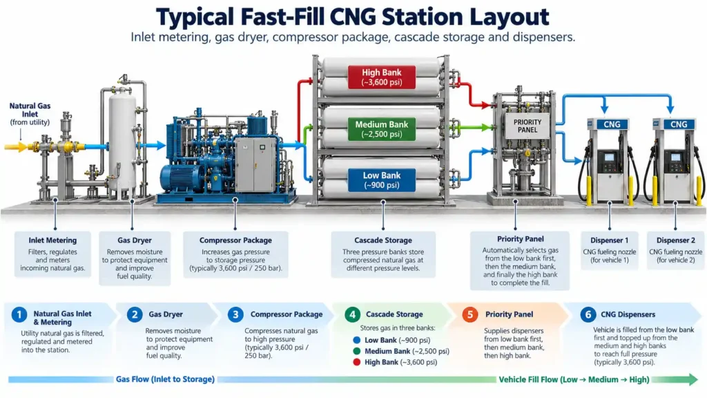 CNG station layout with natural gas compressor, gas dryer, three-bank cascade storage, priority panel and dispensers